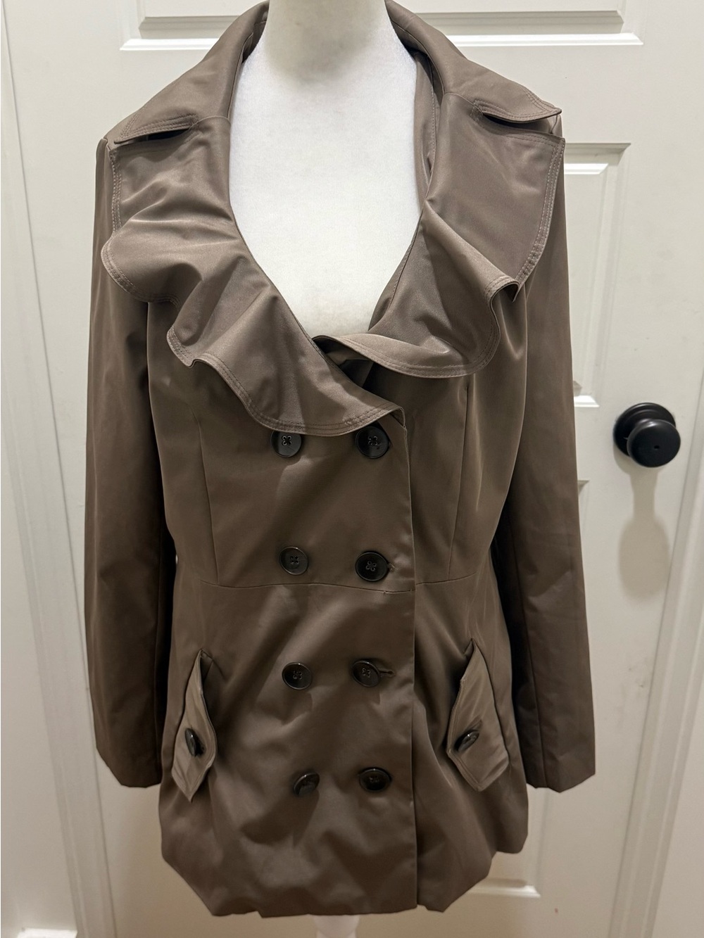Sandro. Double Breasted Ruffle Collar Trench Coat. Taupe. Size Medium.
